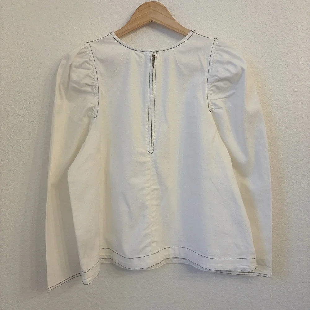 Ulla Johnson Finn Blouse Top 10 White Denim Puff Sleeve Contrast Stitch Minimal